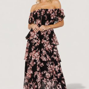 Carina Off Shoulder Maxi Dress | Black + Mauve Floral