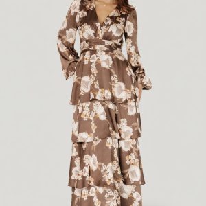 Montrouge Tiered Satin Dress | Mocha Floral