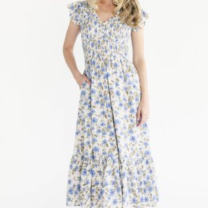 Tilly Smocked Dress | Ivory + Blue Floral