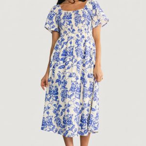 Dolores Smocked Midi Dress | Ivory + Blue Floral