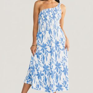 Brisa One Shoulder Midi Dress | White + Blue