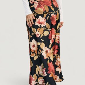 Cosette Satin Midi Skirt | Black Floral