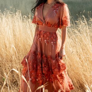 Lotte Embroidered Midi Dress | Rust