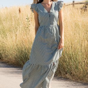 Hettie Button Maxi Dress | Green Stripe