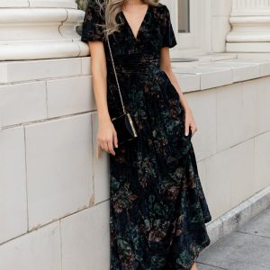 Leslie Velvet Maxi Dress | Black + Deep Jade Floral