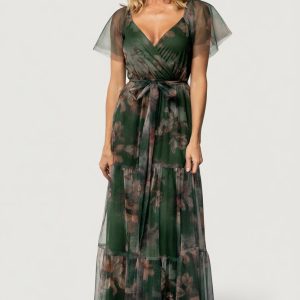 Nicola Tulle Maxi Dress | Deep Green Floral