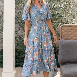 Spell Boho Midi Dress | Blue + Peach Floral