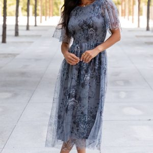 Josie Tulle Midi Dress | Dusty Blue Floral