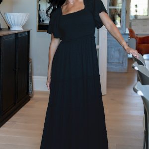 Lenora Smocked Dotted Maxi Dress | Black