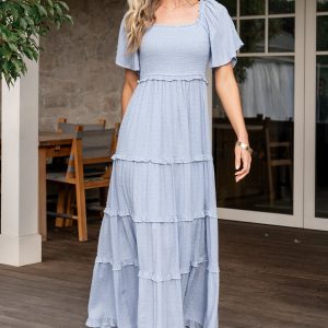 Lenora Smocked Dotted Maxi Dress | Dusty Blue
