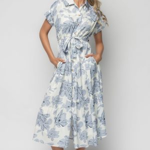 Claire Button Up Midi Dress | Ivory + Blue Floral