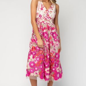 Lila Embroidered Midi Dress | Pink Floral