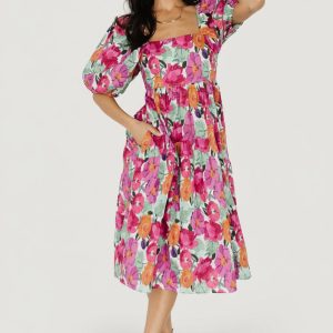Aimee Puff Sleeve Midi Dress | Pink Multi