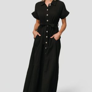 Aizey Button Up Maxi Dress | Black