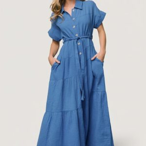 Aizey Button Up Maxi Dress | Blue