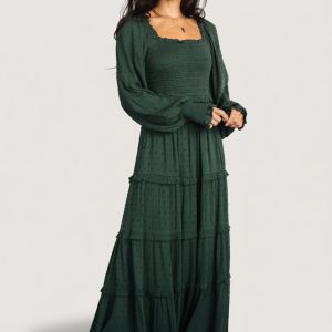 Amanda Smocked Dotted Maxi Dress | Evergreen