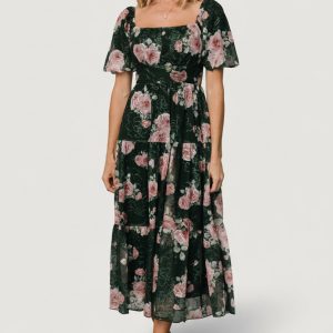Annabeth Midi Dress | Dark Green + Pink
