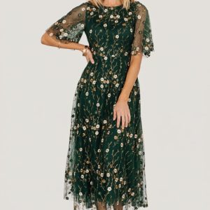 Arabella Embroidered Tulle Maxi Dress | Dark Green Floral