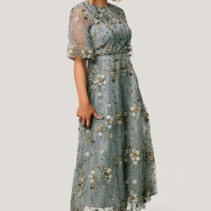 Arabella Embroidered Tulle Maxi Dress | Dusty Blue Floral