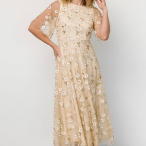 Arabella Embroidered Tulle Maxi Dress | Gold + White