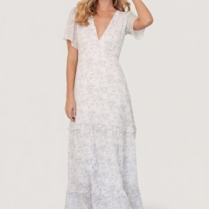 Audrey Deep V Maxi Dress | Off White + Blue Floral