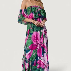 Azalea Off Shoulder Maxi Dress | Green + Fuchsia Floral
