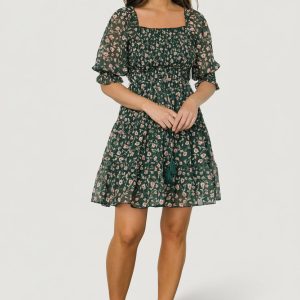 Azlyn Smocked Short Dress | Green + Pink Floral