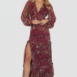 Bowman Deep V Maxi Dress | Burgundy Multi