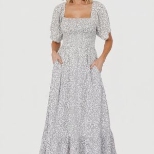 Cassis Smocked Midi Dress | Ivory + Black Floral
