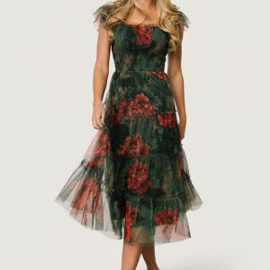 Clementine Tulle Midi Dress | Dark Green Floral
