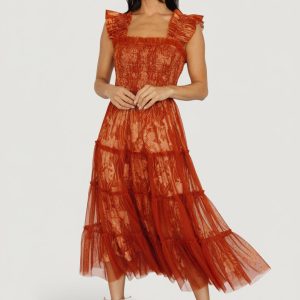 Cora Smocked Tulle Dress | Rust Floral