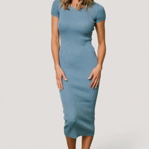 Dana Ribbed Midi Dress | Dusty Blue