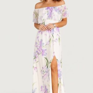 Daphne Off Shoulder Maxi Dress | Ivory + Lavender Floral