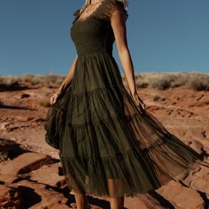 Emma Smocked Tulle Dress | Dark Olive