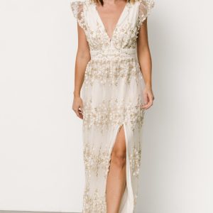 Eva Embroidered Maxi Dress | White + Gold