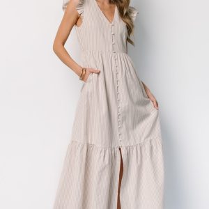 Hettie Button Maxi Dress | Beige Stripe