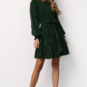 Ivey Smocked Short Dress | Dark Green + Silver