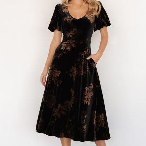 Janna Velvet Midi Dress | Black + Bronze Floral
