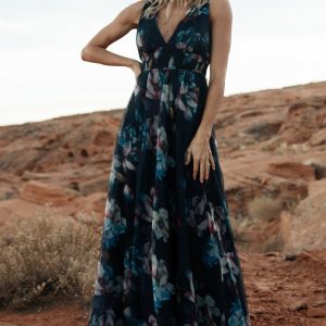 Kamila Tulle Maxi Dress | Navy Abstract Floral