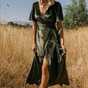 Katelyn Velvet Maxi Wrap Dress | Dark Olive