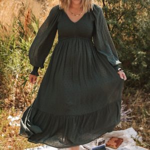 Lainey Smocked Dotted Midi Dress | Deep Olive