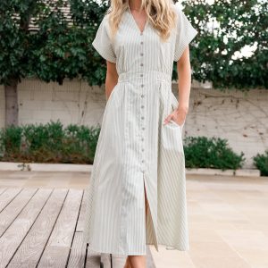 Larah Button Dress | Sage Stripe
