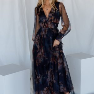 Layla Tulle Maxi Dress | Dark Blue Floral