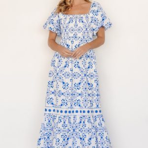 Lexa Smocked Maxi Dress | Off White + Blue Floral