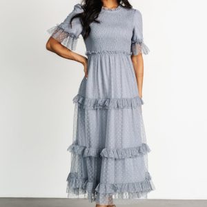Lysandra Smocked Dot Dress | Dusty Slate