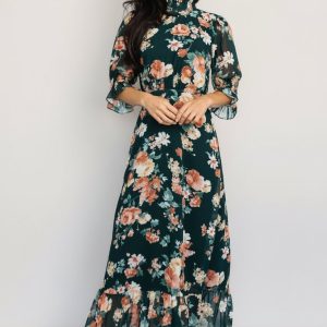 Marie Mock Neck Maxi Dress | Dark Green Floral