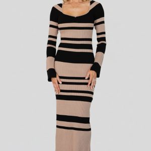 Marika Ribbed Dress | Camel + Black Stripe