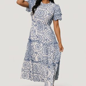 Mirabel Eyelet Midi Dress | White + Blue
