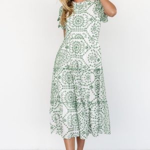 Mirabel Eyelet Midi Dress | White + Green