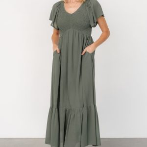 Monica Smocked Dress | Dark Sage